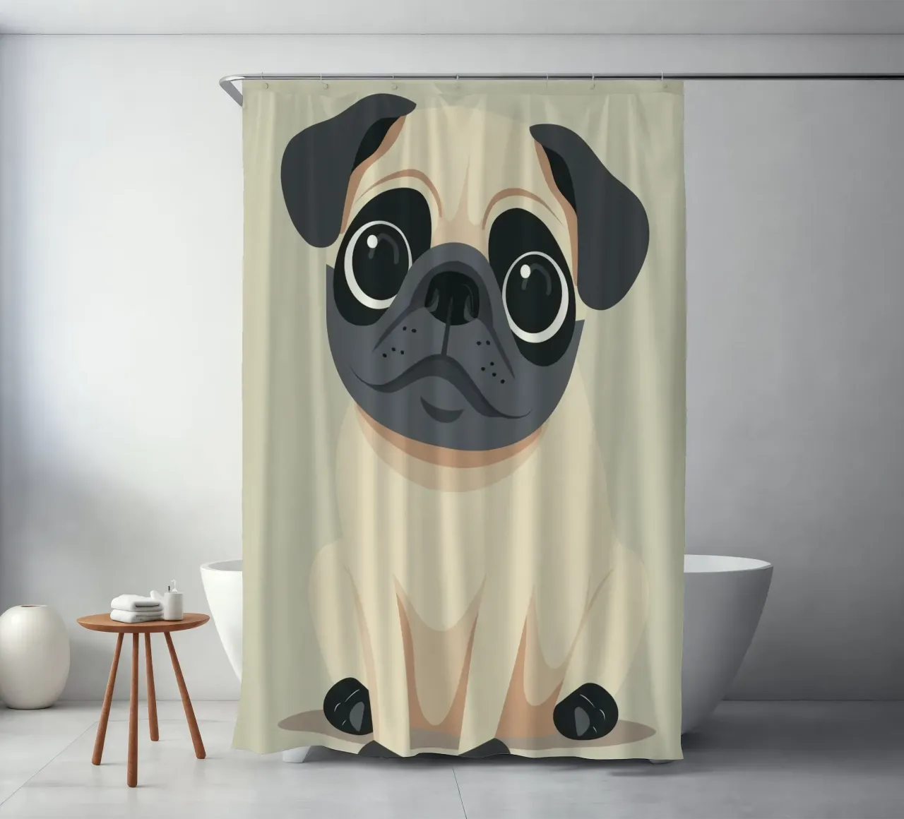süßer verspielter Mops sitzend Duschvorhang von DesignDoodle