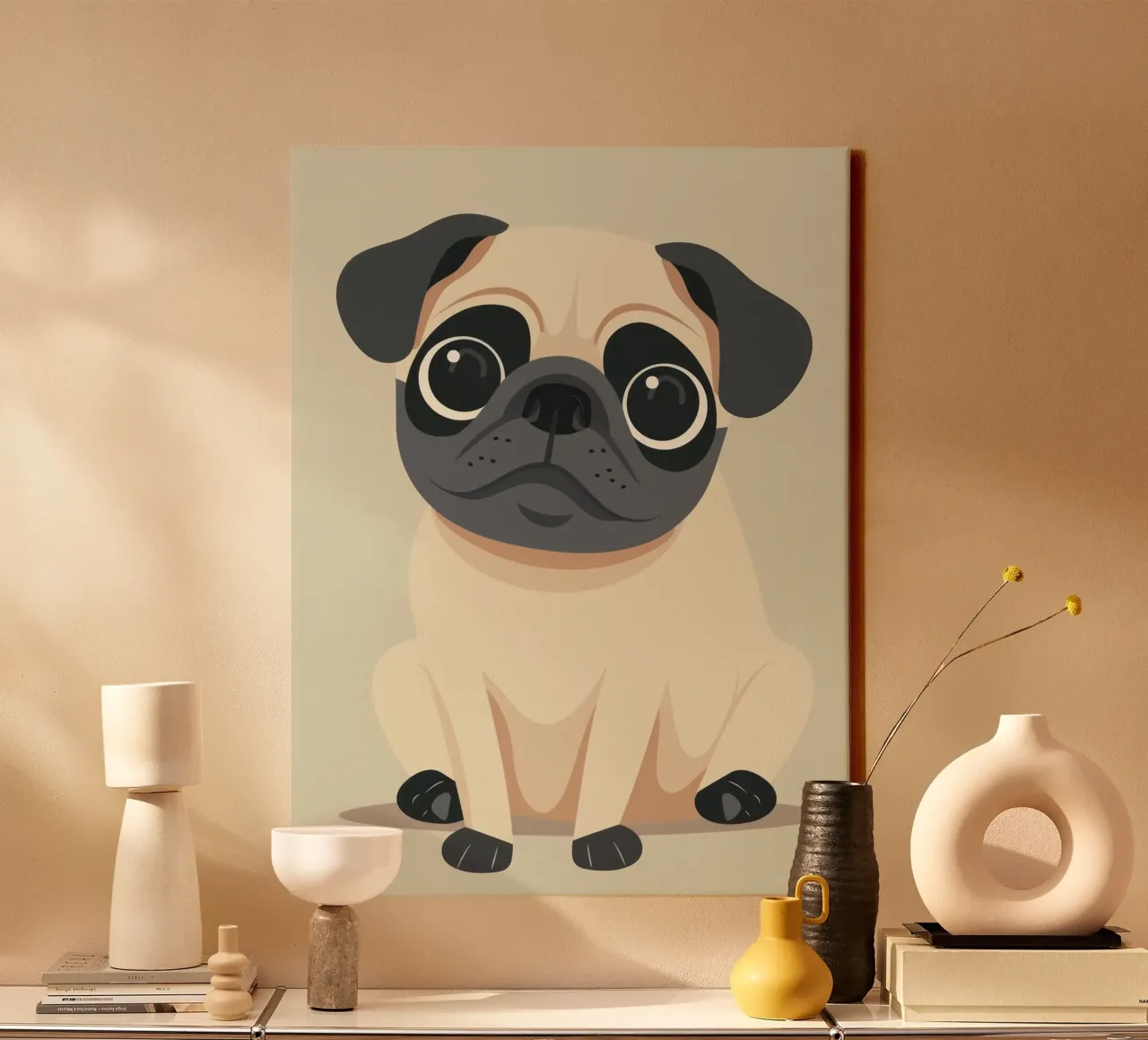 süßer verspielter Mops sitzend Leinwand mit Schattenfugenrahmen von DesignDoodle