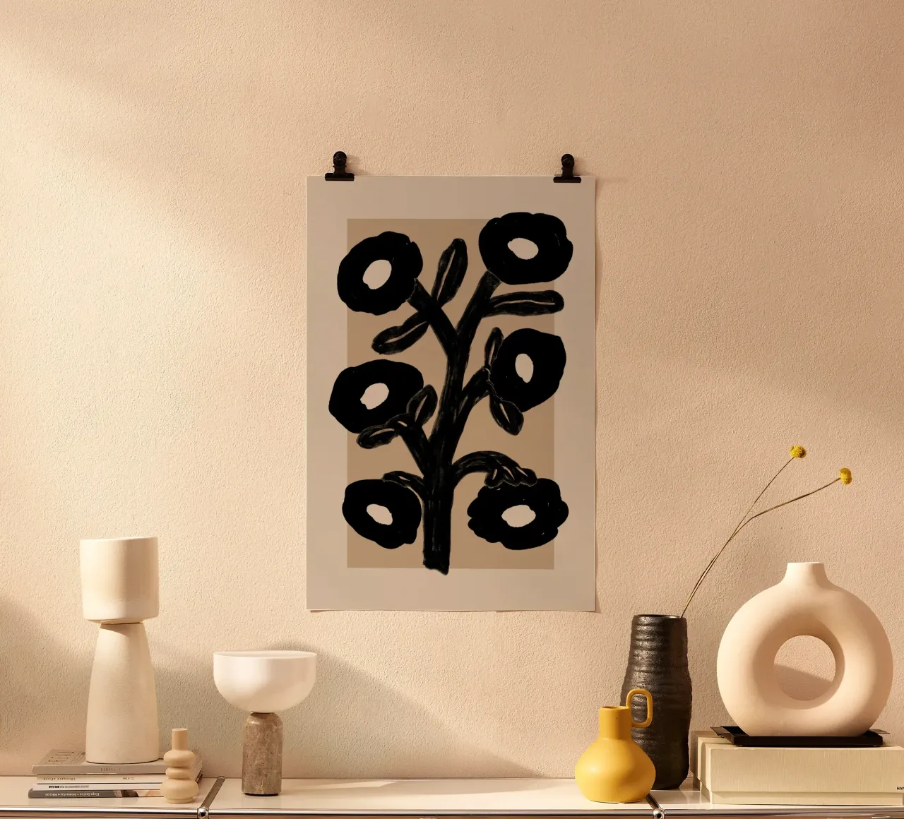 Abstrakter schwarzer Blumenzweig auf Beige Poster von Melloi Art Print
