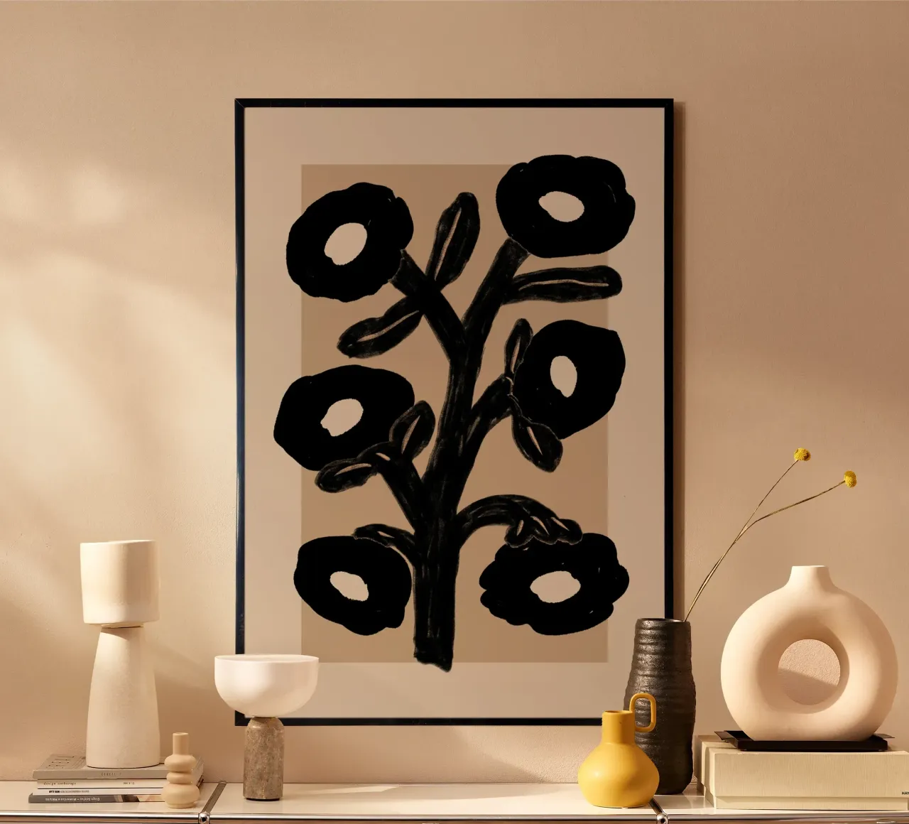 Abstrakter schwarzer Blumenzweig auf Beige Poster von Melloi Art Print