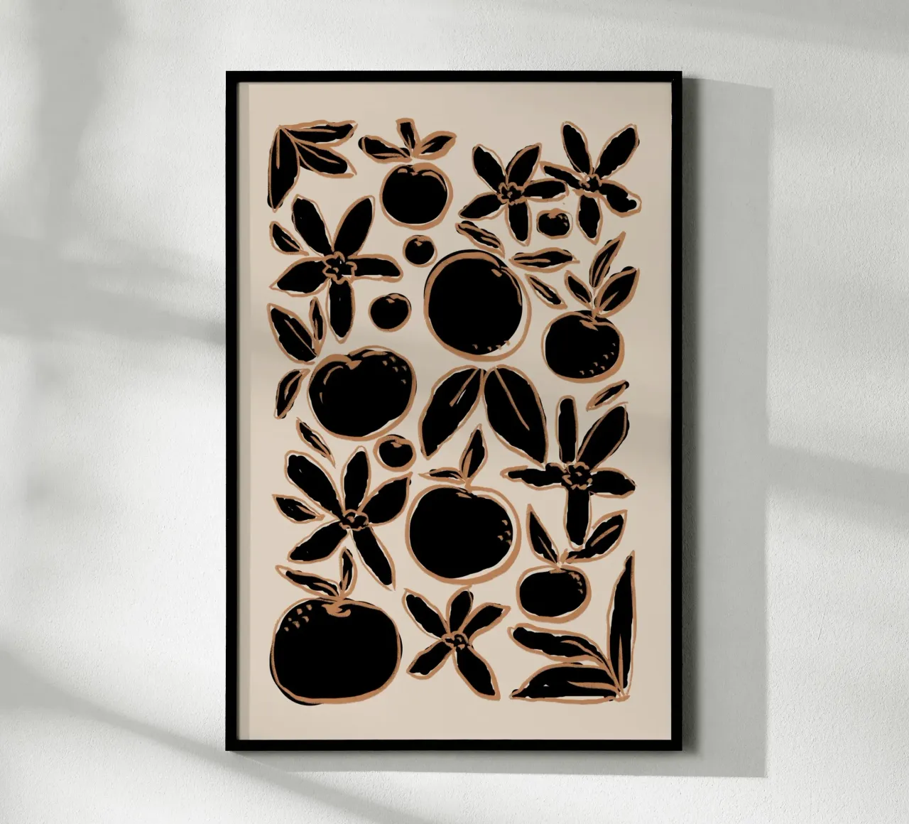 Agrumi e fiori neri astratti su beige poster da Melloi Art Print