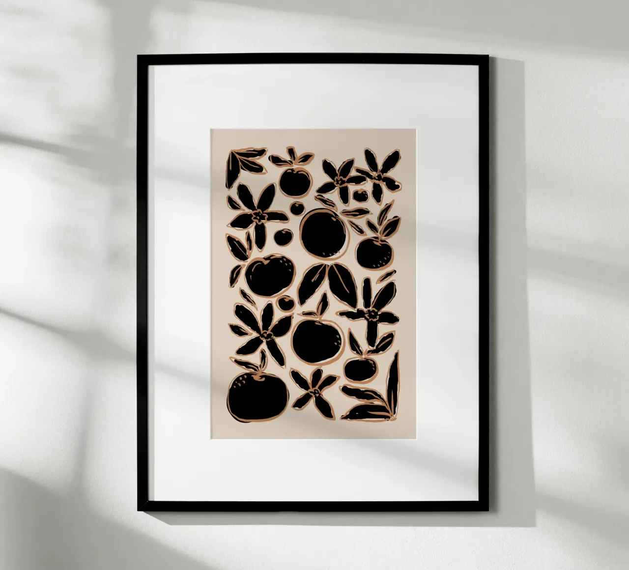 Agrumi e fiori neri astratti su beige poster da Melloi Art Print