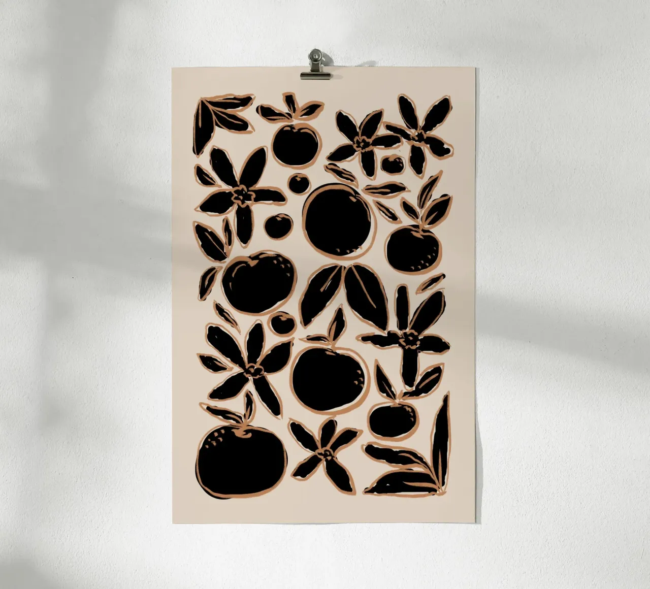 Agrumi e fiori neri astratti su beige poster da Melloi Art Print