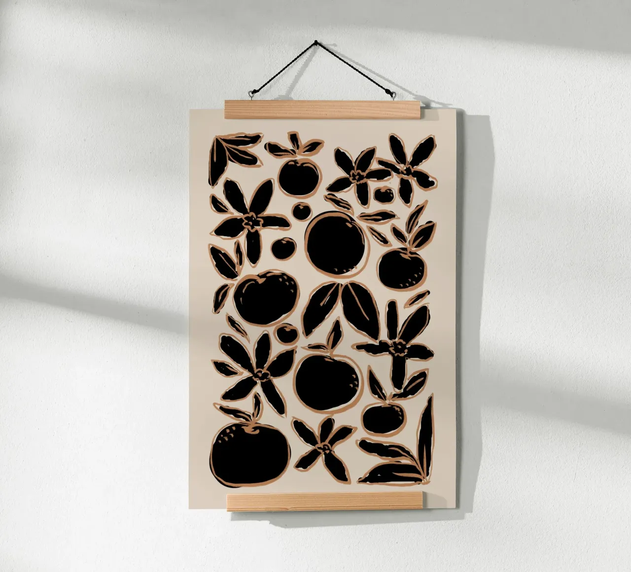 Agrumi e fiori neri astratti su beige poster da Melloi Art Print