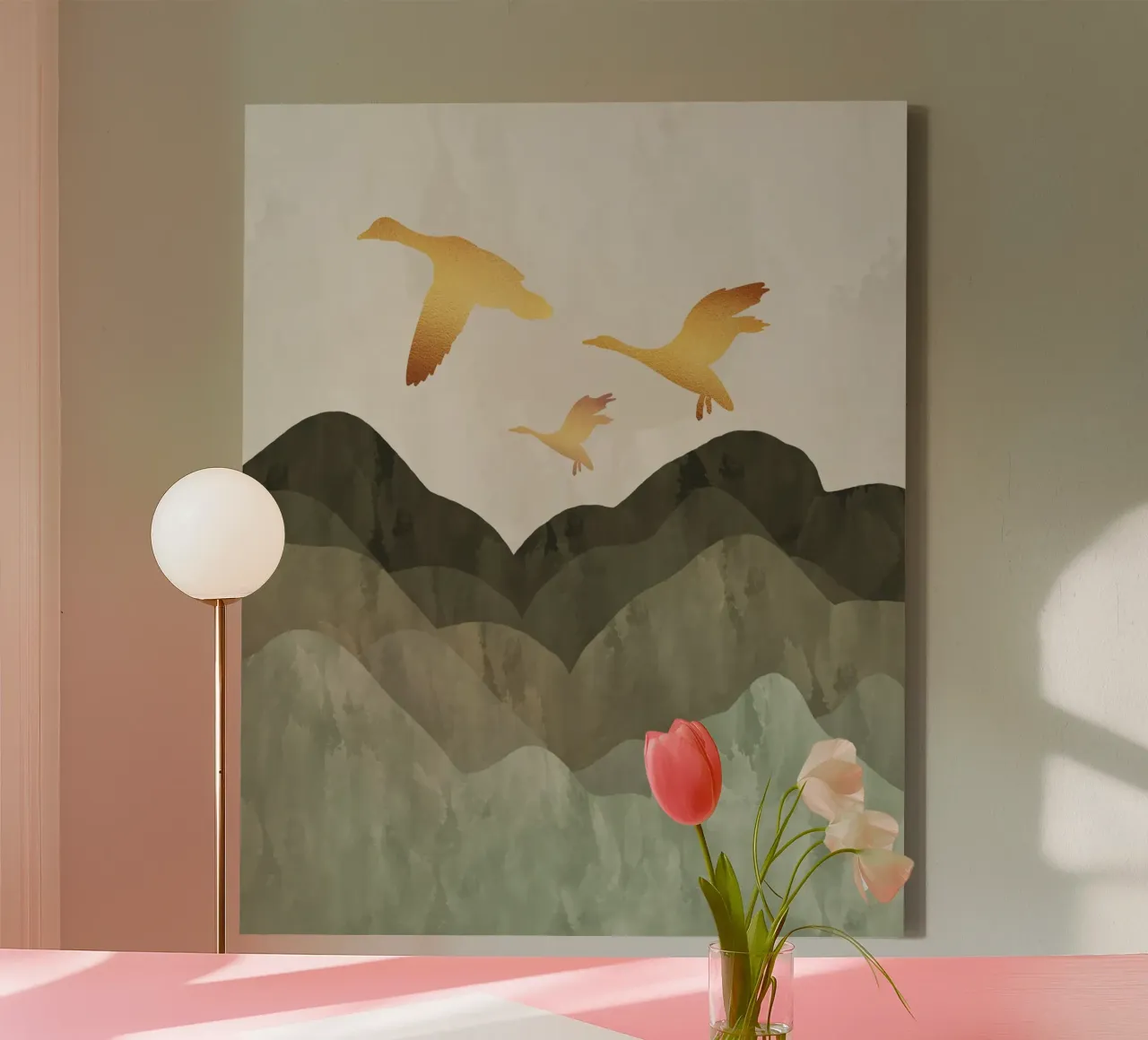 Golden Birds Flying Over Mountains canvas by Sannel Larson