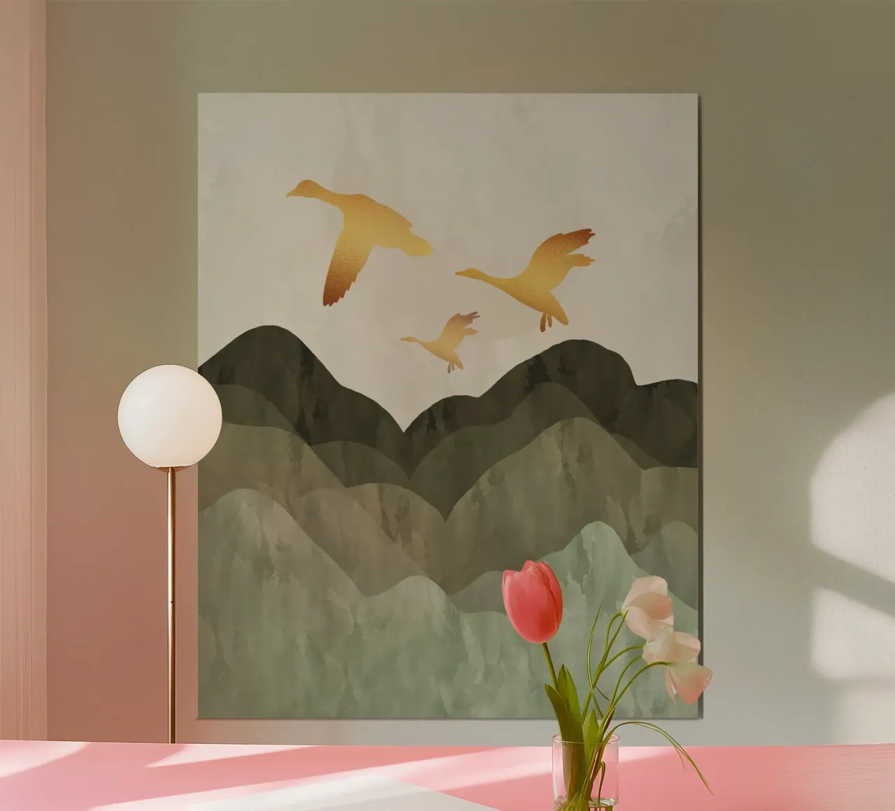 Uccelli dorati in volo sulle montagne poster con telaio in plastica da Sannel Larson