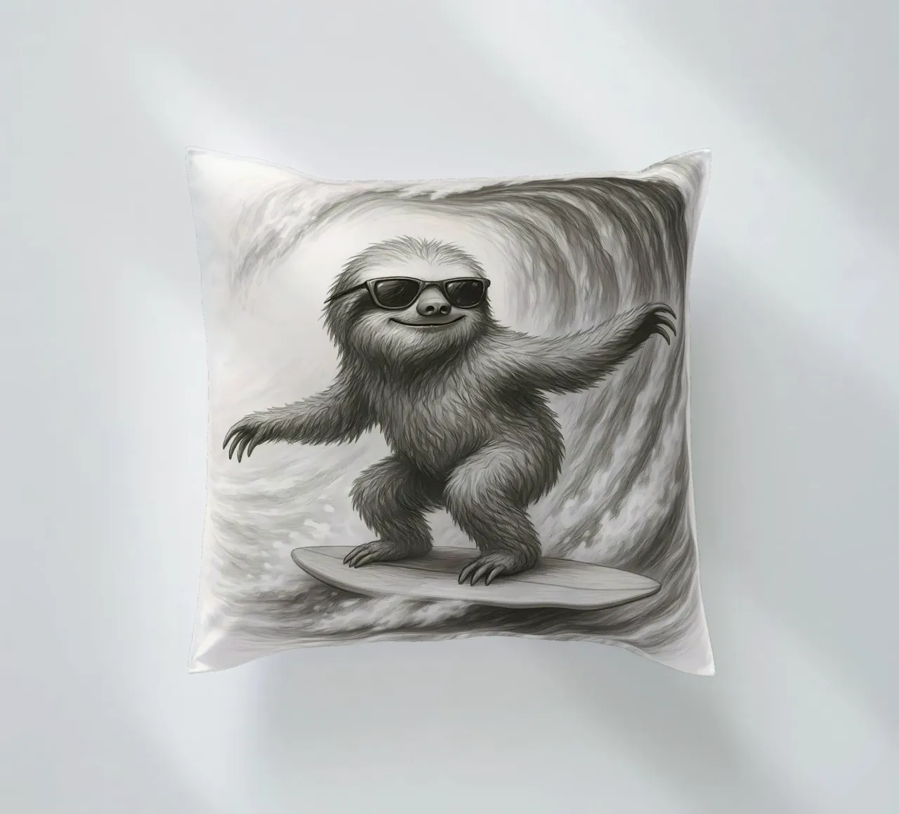 Surfing Sloth Riding Big Wave Sketch decorative cushion by flufftee