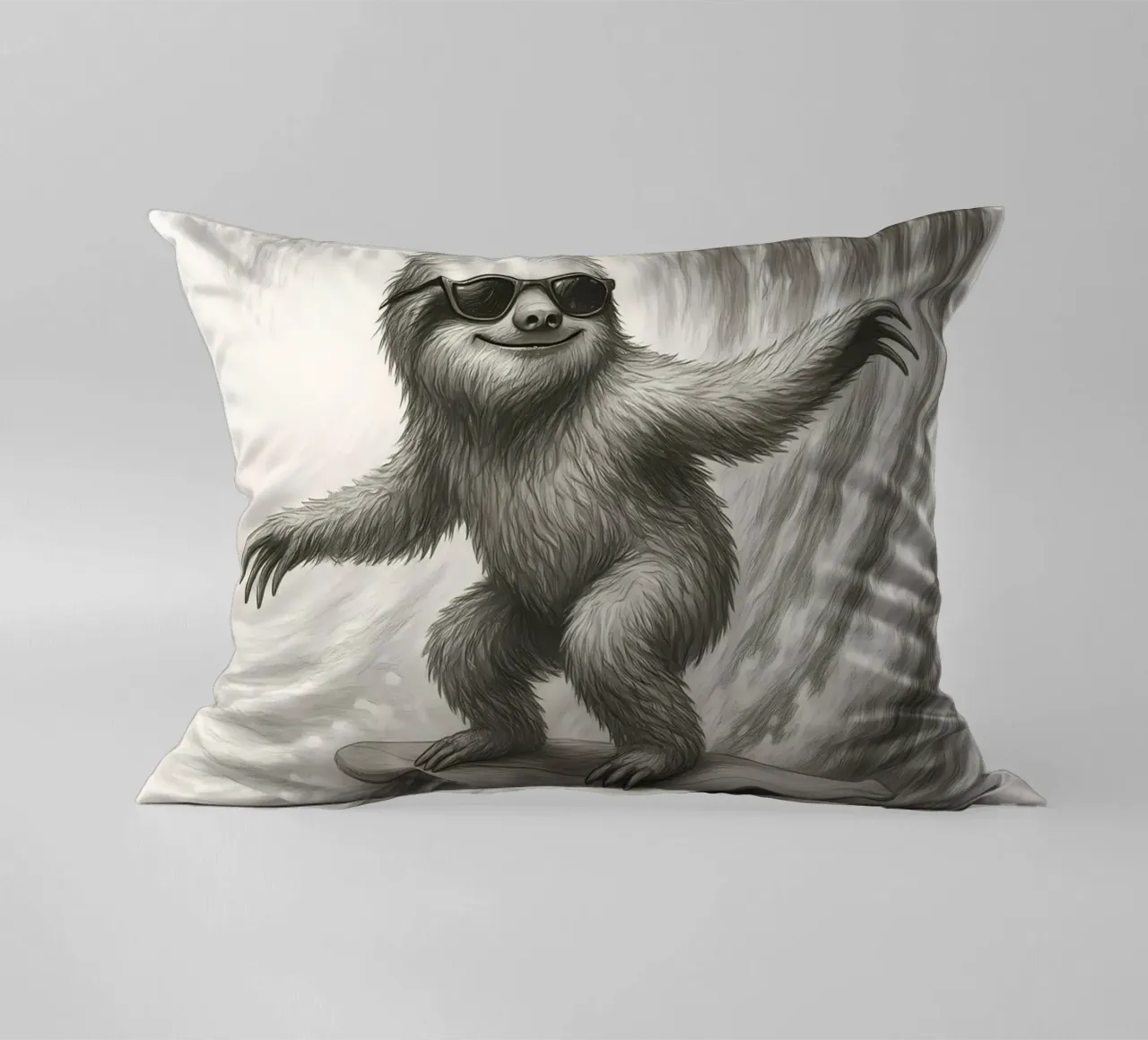 Surfing Sloth Riding Big Wave Sketch decorative cushion by flufftee