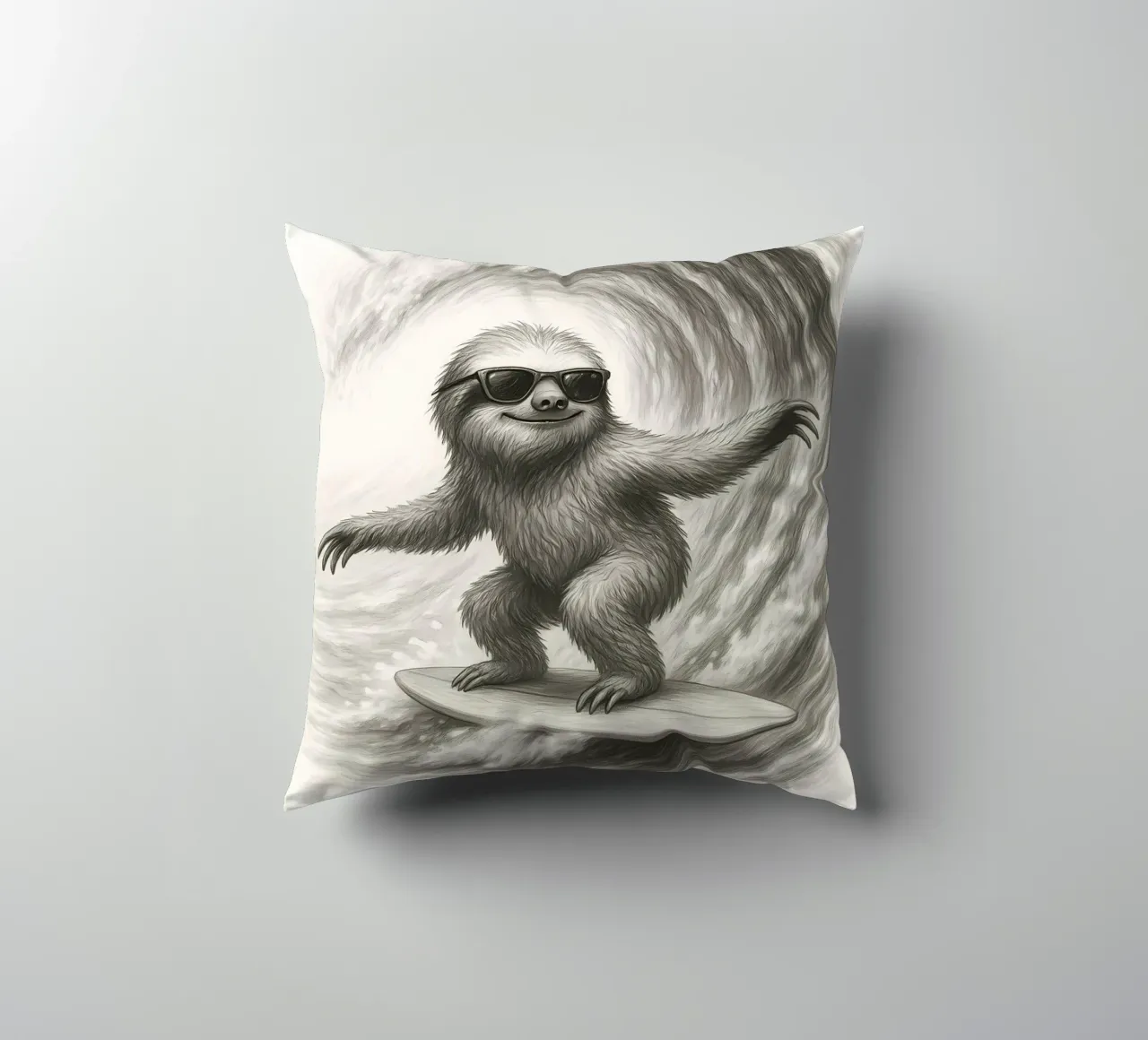 Surfing Sloth Riding Big Wave Sketch decorative cushion by flufftee