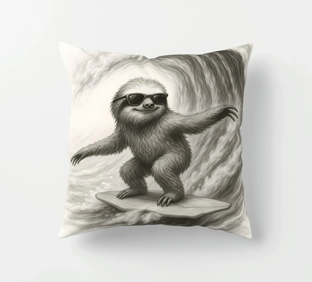 Surfing Sloth Riding Big Wave Sketch decorative cushion by flufftee