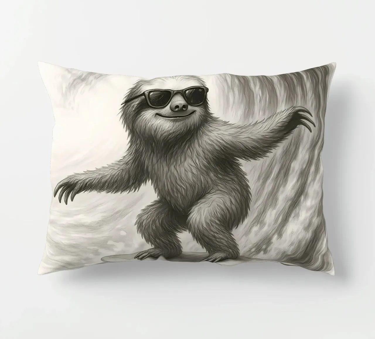 Surfing Sloth Riding Big Wave Sketch decorative cushion by flufftee