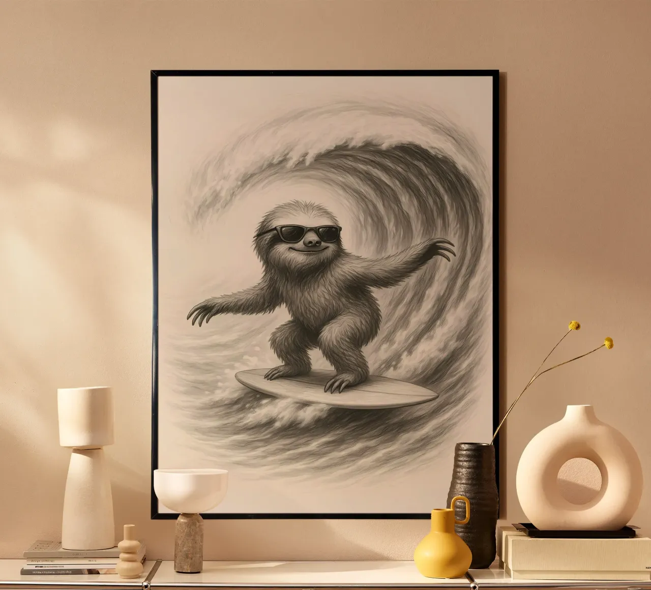 Surfen Faultier Reiten große Welle Skizze Poster mit Aluminium Rahmen von flufftee