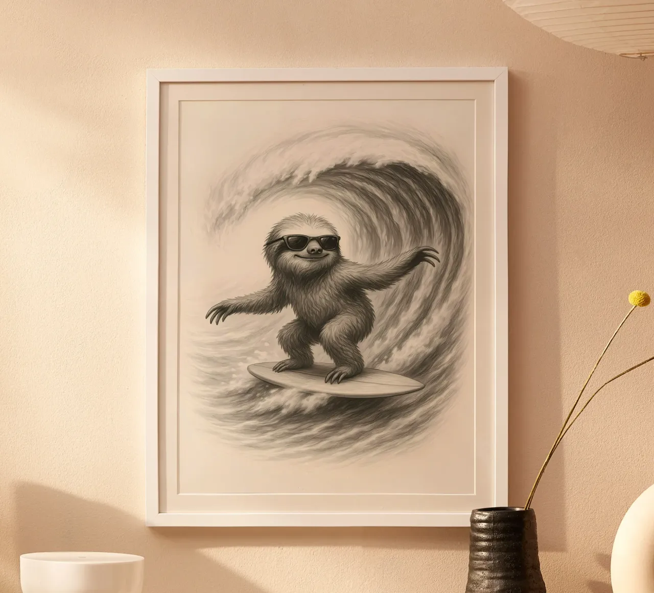 Surfen Faultier Reiten große Welle Skizze Poster mit Aluminium Rahmen von flufftee