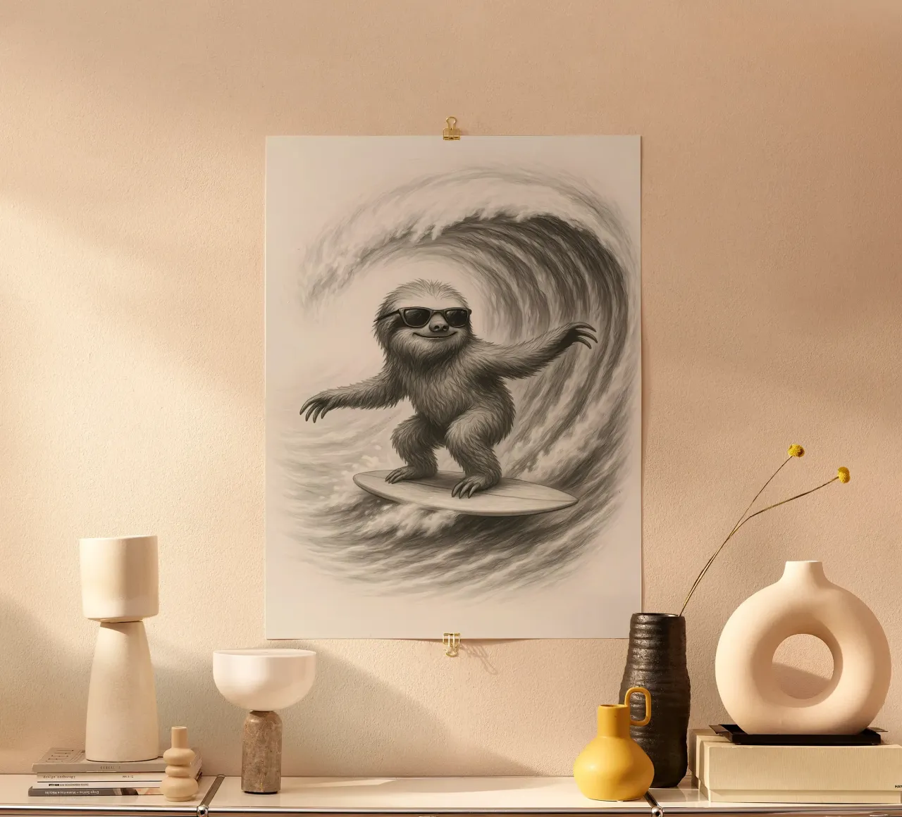 Surfen Faultier Reiten große Welle Skizze Poster mit Aluminium Rahmen von flufftee