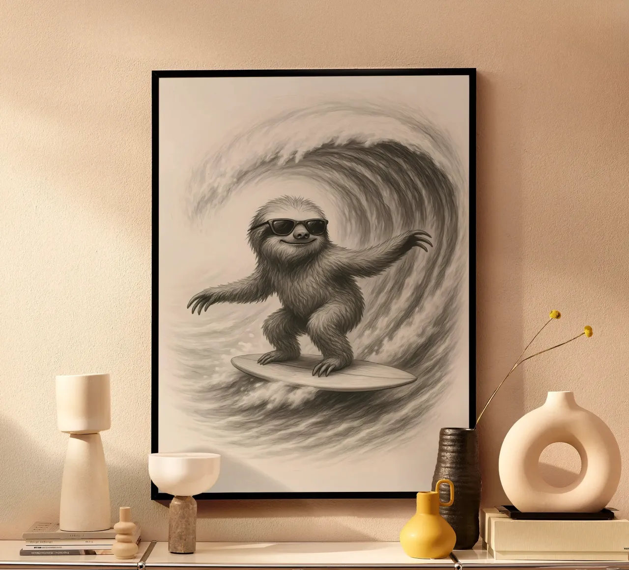 Surfen Faultier Reiten große Welle Skizze Poster mit Aluminium Rahmen von flufftee
