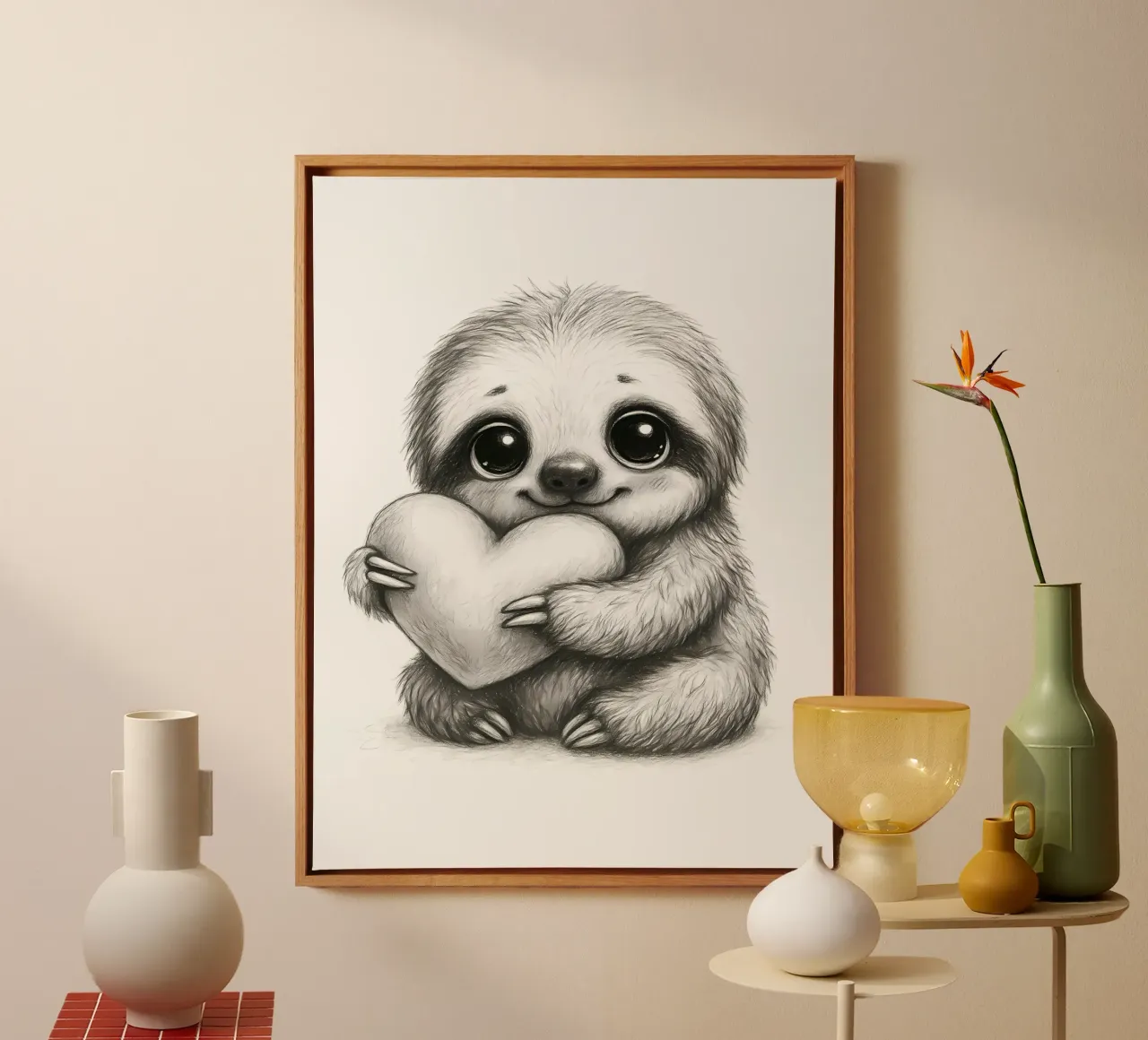 Adorable Baby Sloth Hugging Heart canvas with Floater frame by flufftee