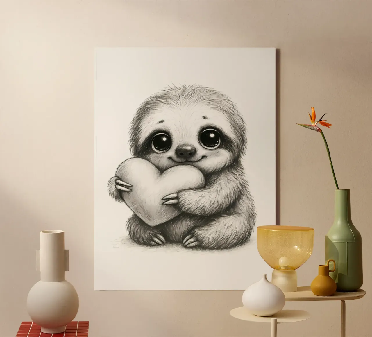 Adorable Baby Sloth Hugging Heart canvas with Floater frame by flufftee