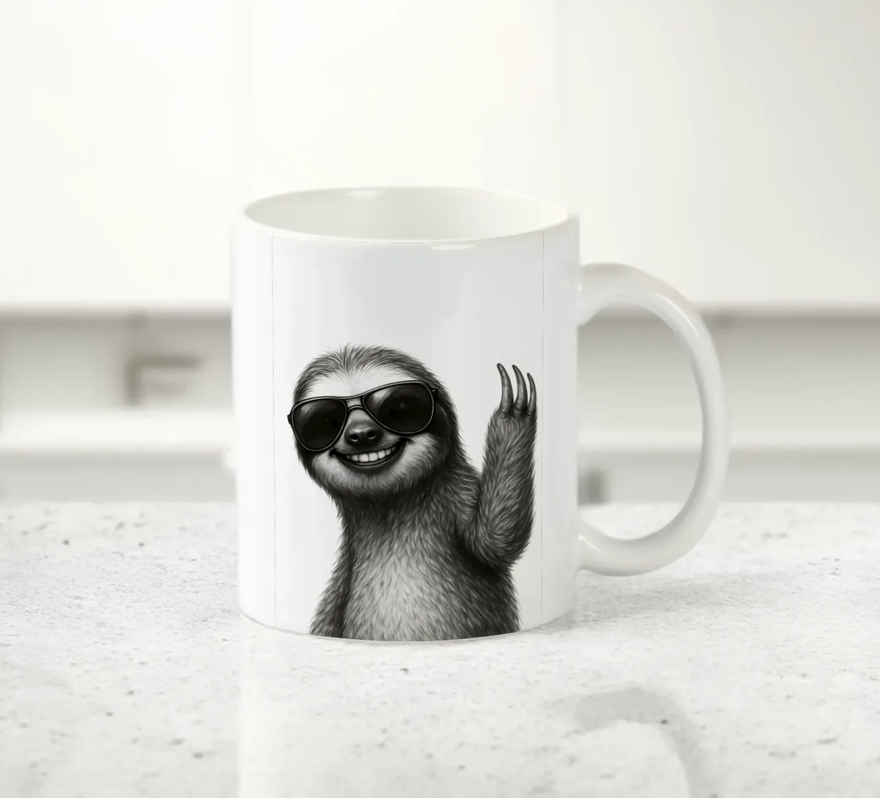Lächelndes Faultier mit Sonnenbrille winkt Hallo Keramik Tasse von flufftee