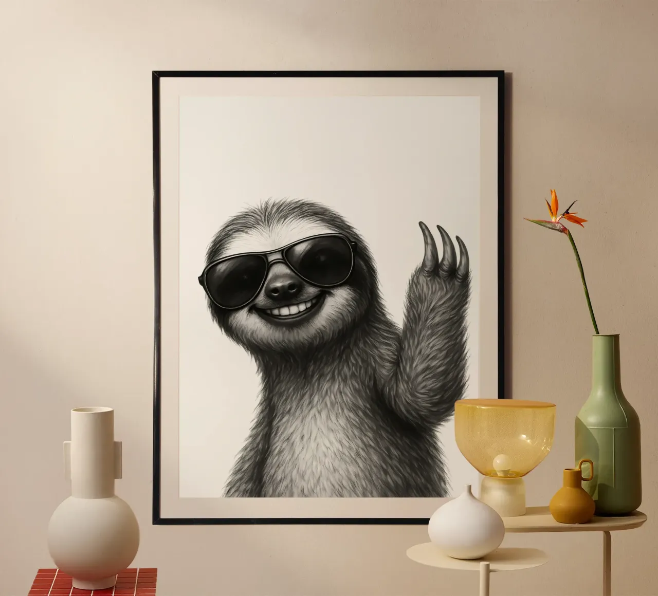 Smiling Sloth in Sunglasses Waves Hello hahnemühle by flufftee