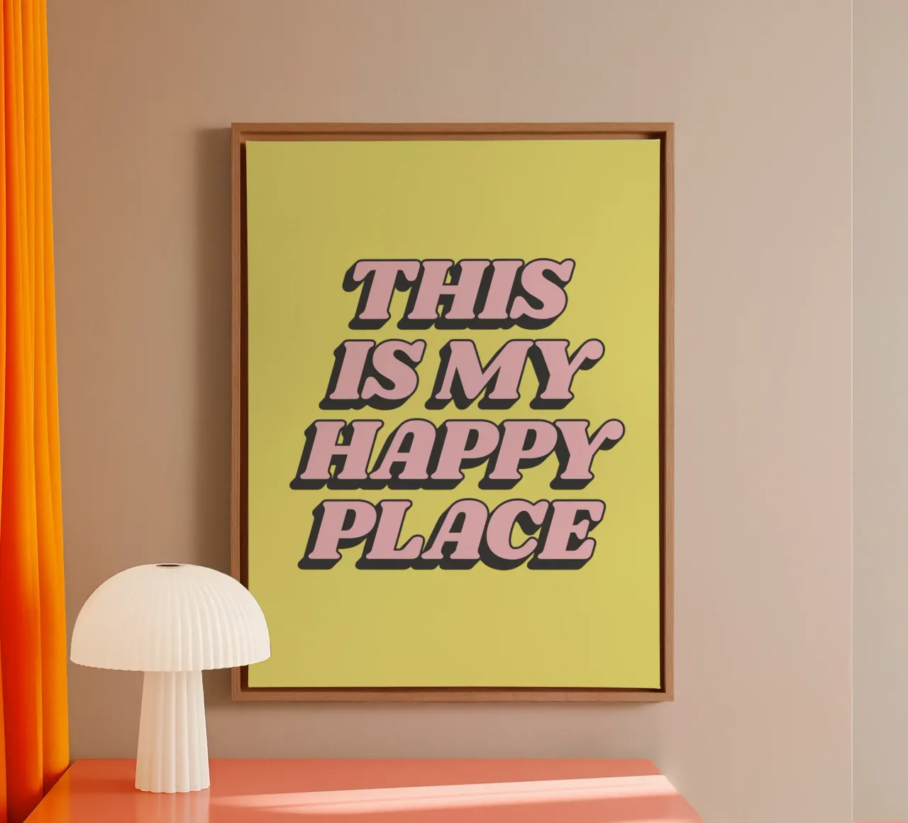 This is My Happy Place Retro Pink Yellow Typography Print canvas with Floater frame by THE MOTIVATED TYPE