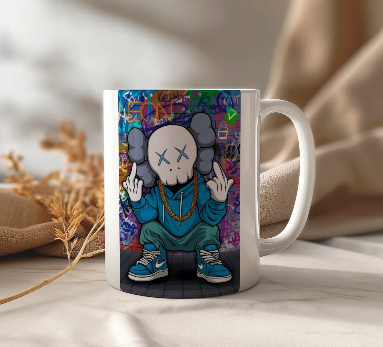 Cartoon Character with Graffiti Background tazza in ceramica da Nando Art