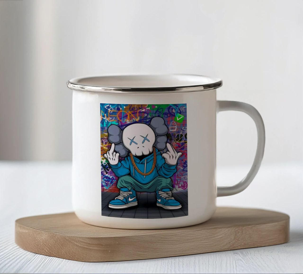 Cartoon Character with Graffiti Background tazza in smalto da Nando Art