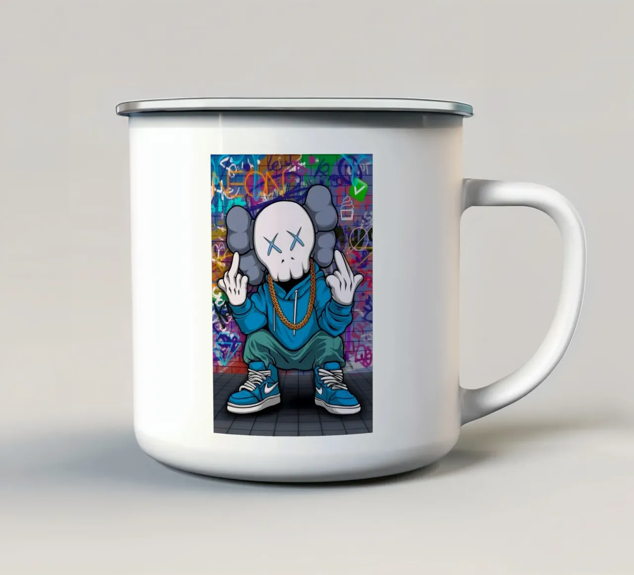 Cartoon Character with Graffiti Background taza de esmalte de Nando Art
