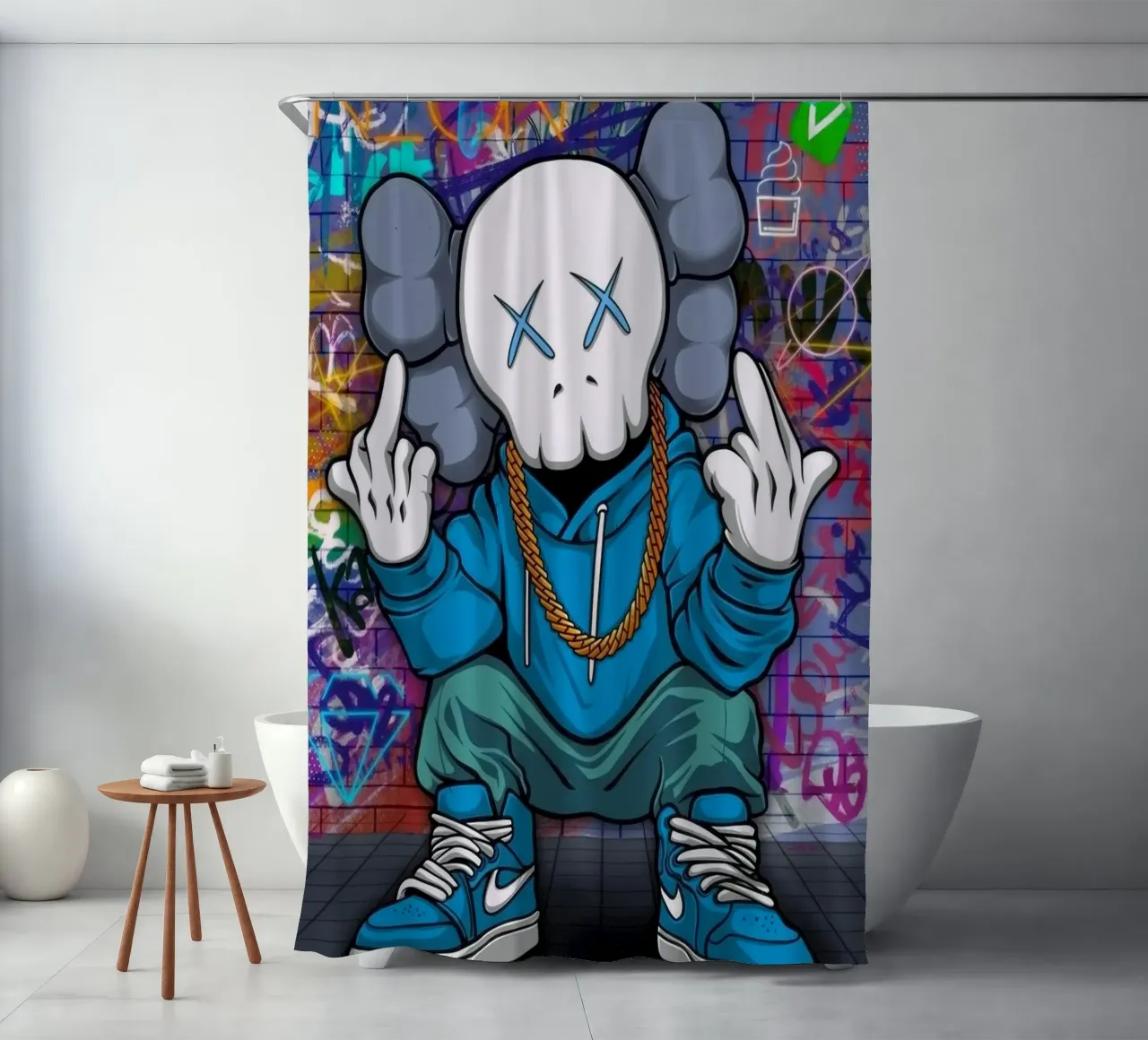 Cartoon Character with Graffiti Background tenda da doccia da Nando Art