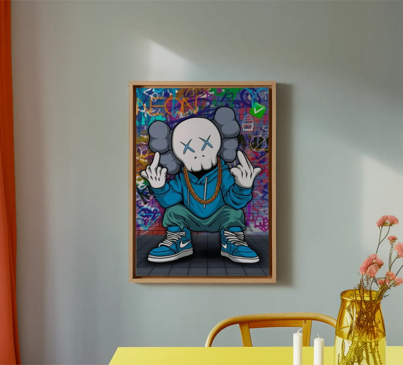 Cartoon Character with Graffiti Background Leinwand mit Schattenfugenrahmen von Nando Art