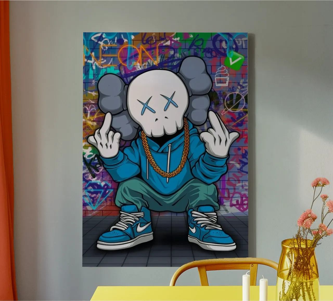 Cartoon Character with Graffiti Background Leinwand mit Schattenfugenrahmen von Nando Art