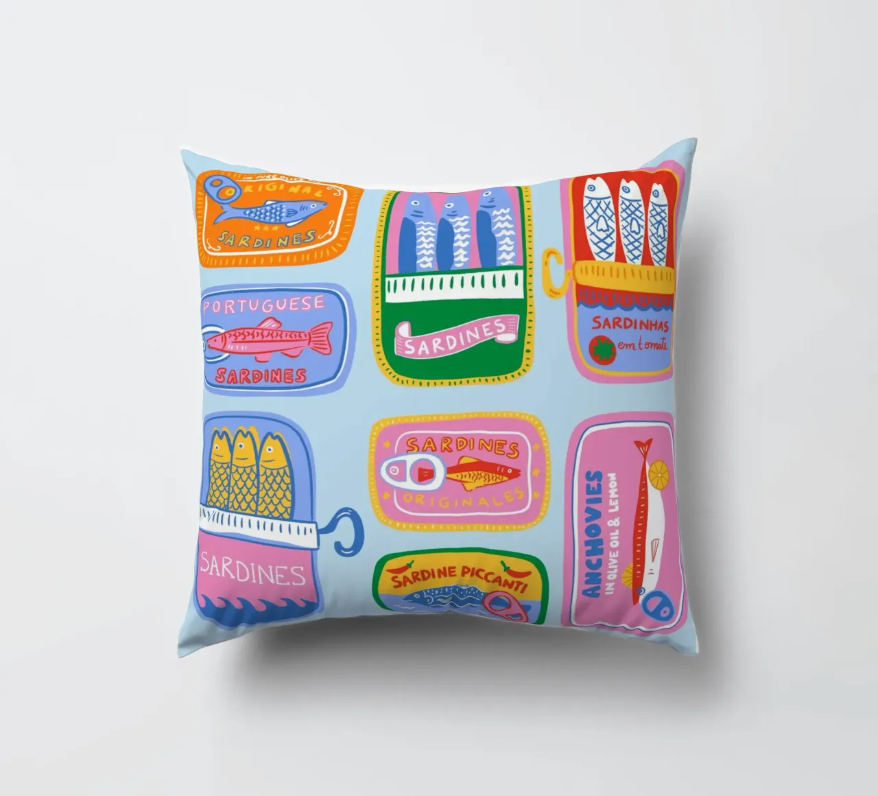 Lattine di sardine colorate cuscino da dafnedesignstudio