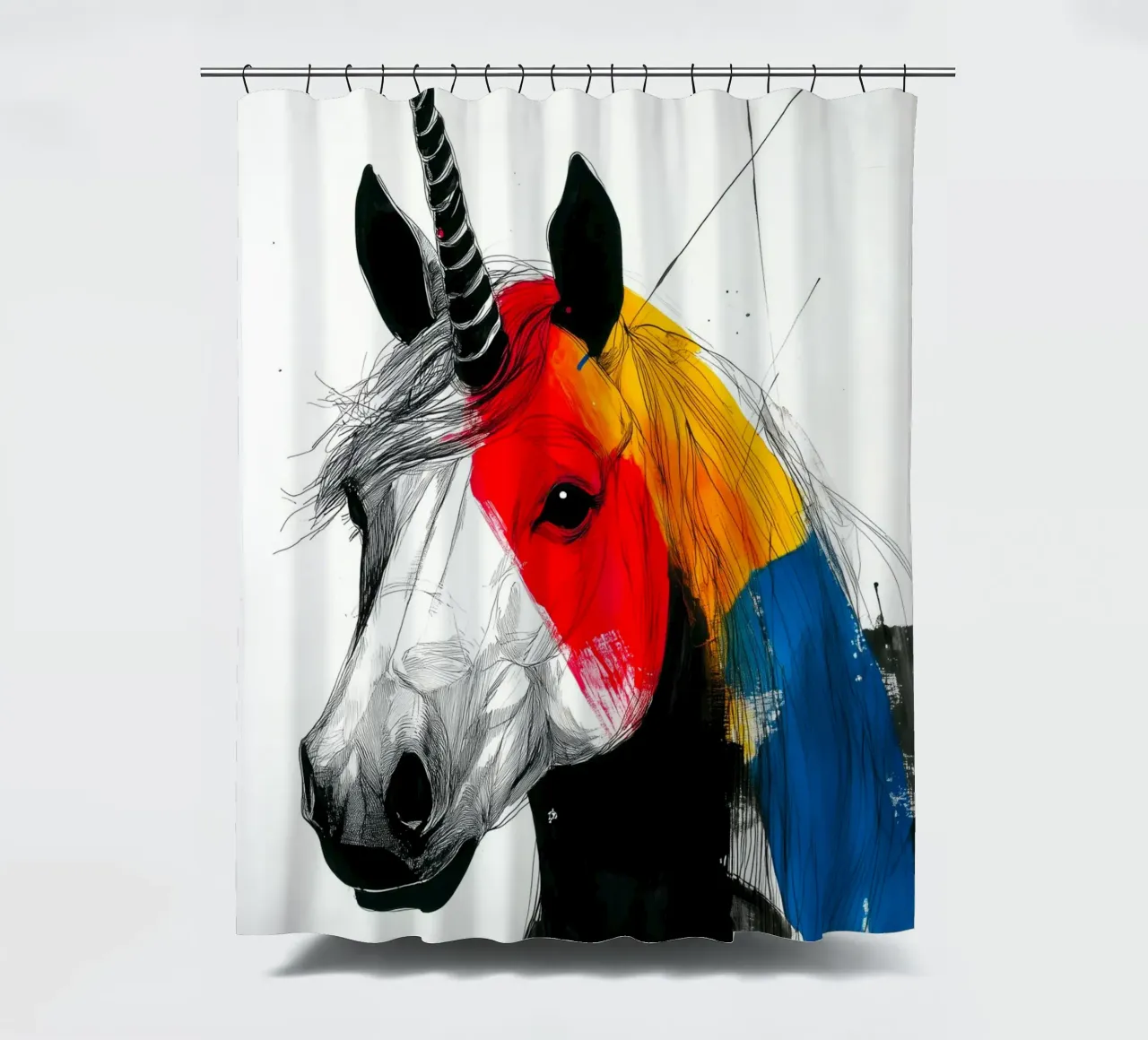 Rainbow unicorn shower curtain by Justyna Jaszke JBJart