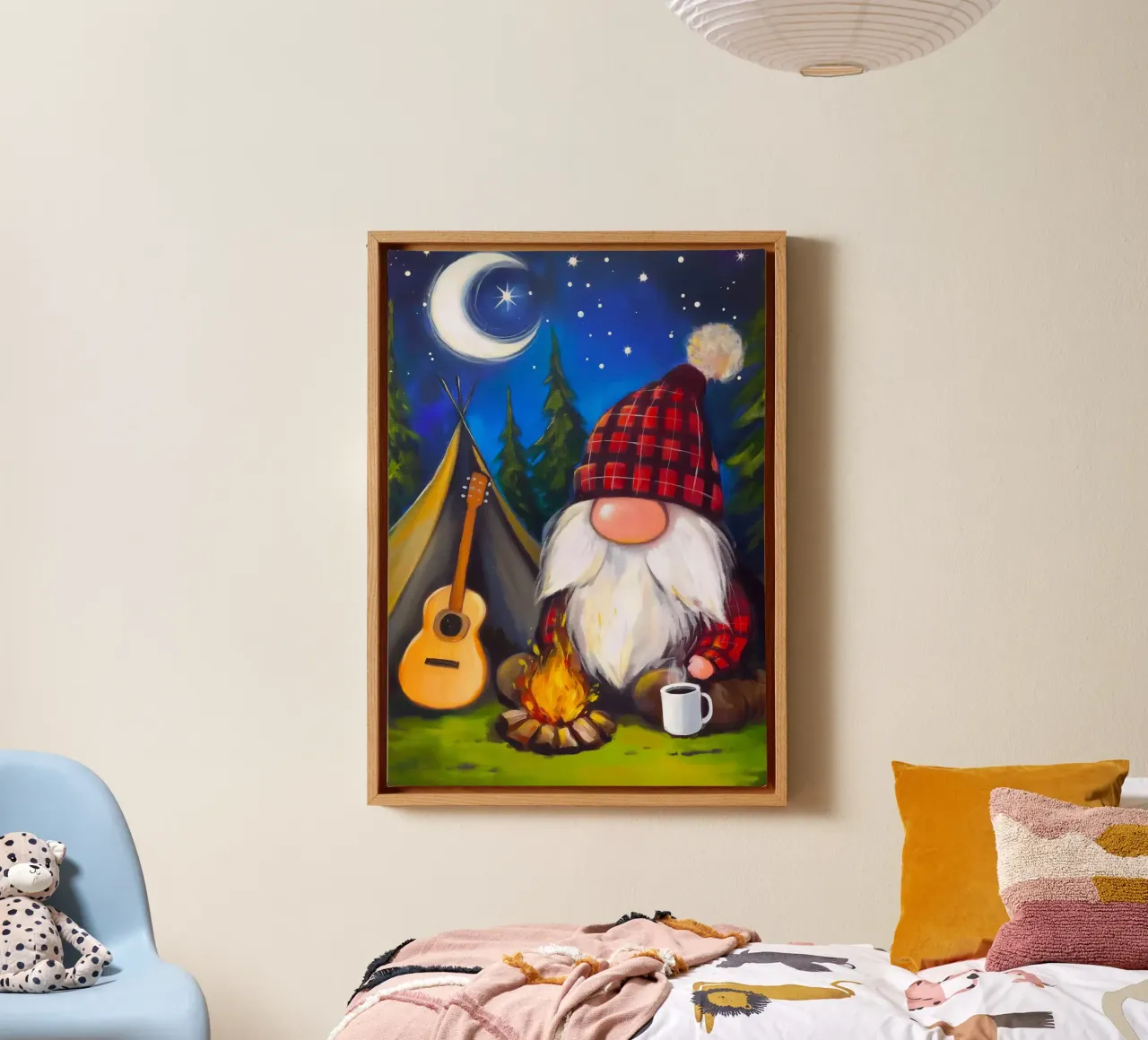 Kerstkabouter kampvuur canvas met Baklijst van Fleur de Lys
