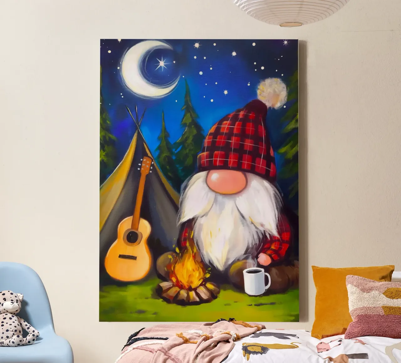 Kerstkabouter kampvuur canvas met Baklijst van Fleur de Lys