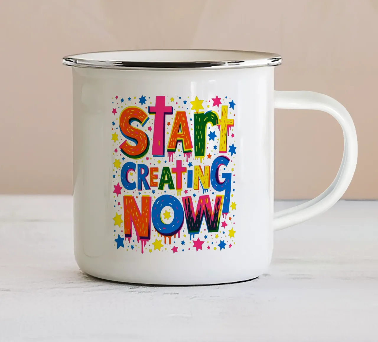 Start Creating Now Motivational  Quote Typographic Art taza de esmalte de Signorino