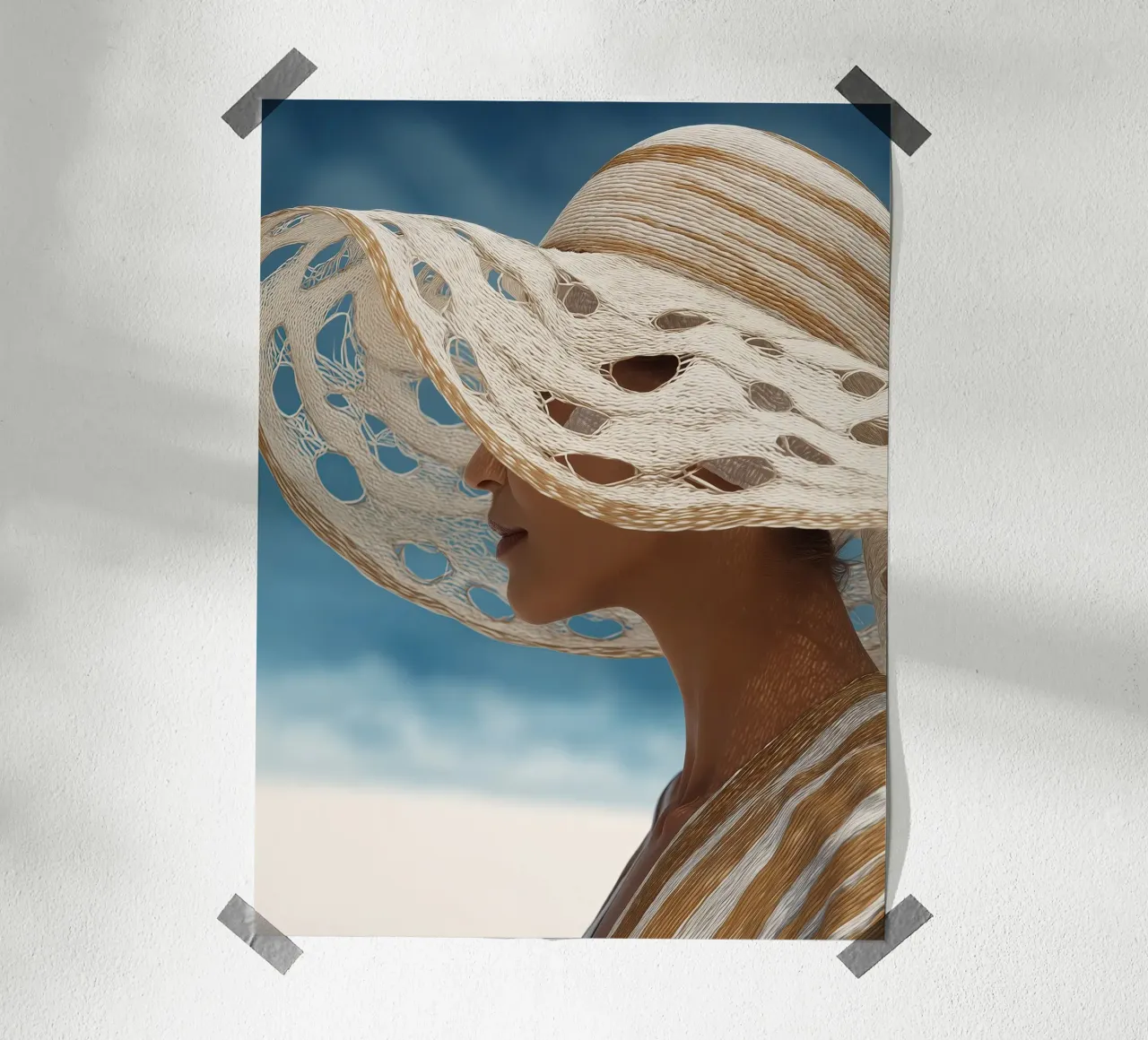 Donna con grande cappello da spiaggia poster con telaio in plastica da Imagine