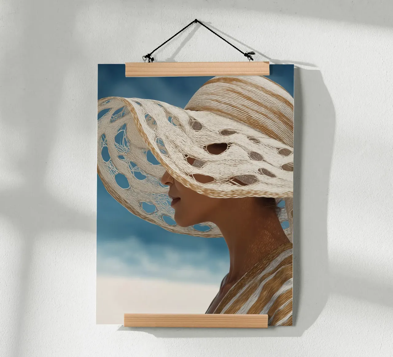 Donna con grande cappello da spiaggia poster con telaio in plastica da Imagine