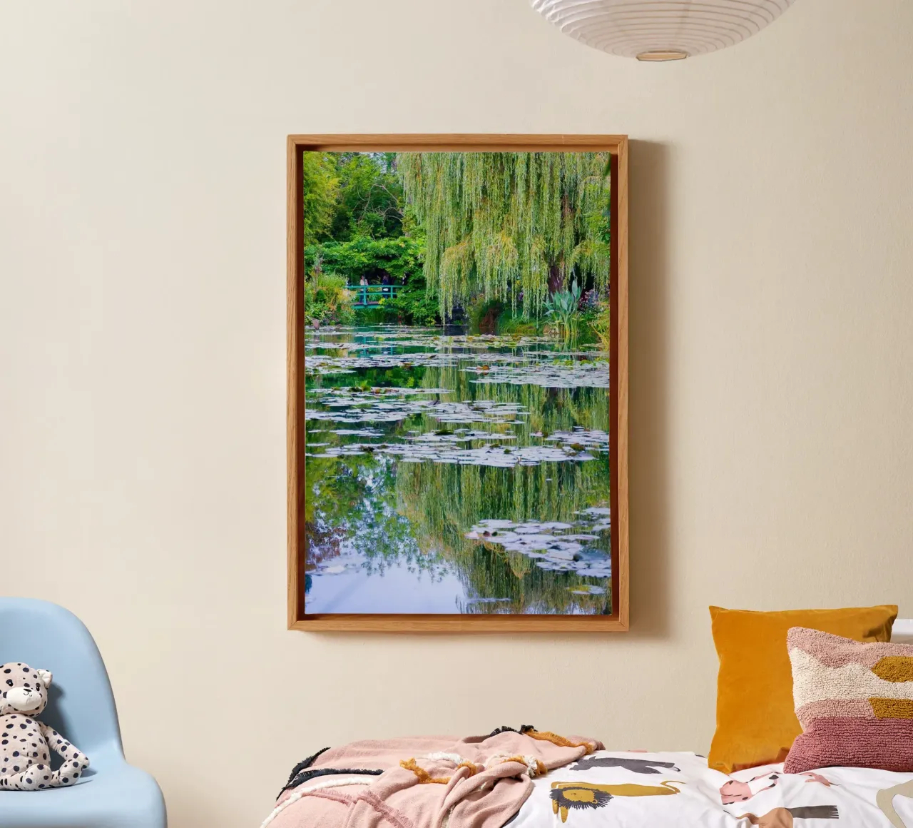 an arched bridge crossing a lotus pond canvas with Floater frame by SMG Store
