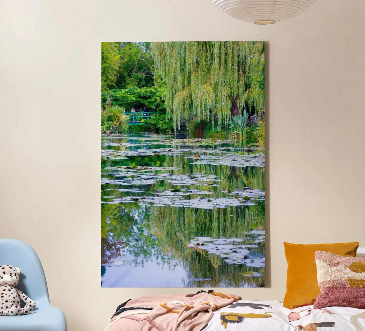 an arched bridge crossing a lotus pond canvas with Floater frame by SMG Store