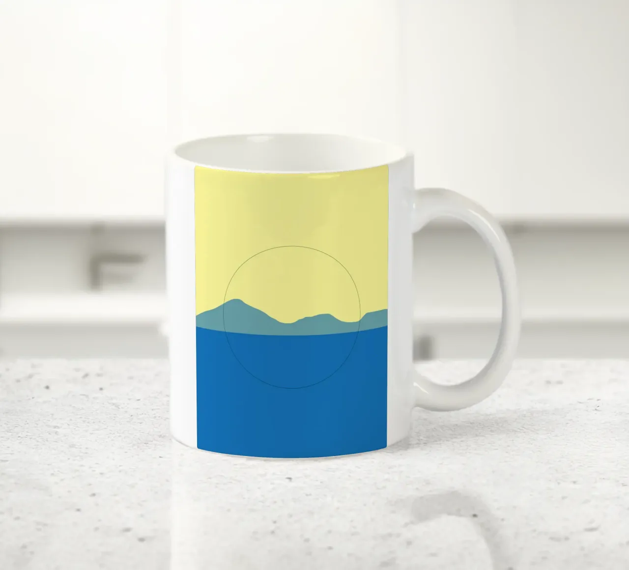 Minimaal blauw en geel landschap keramische mok van Little Dean