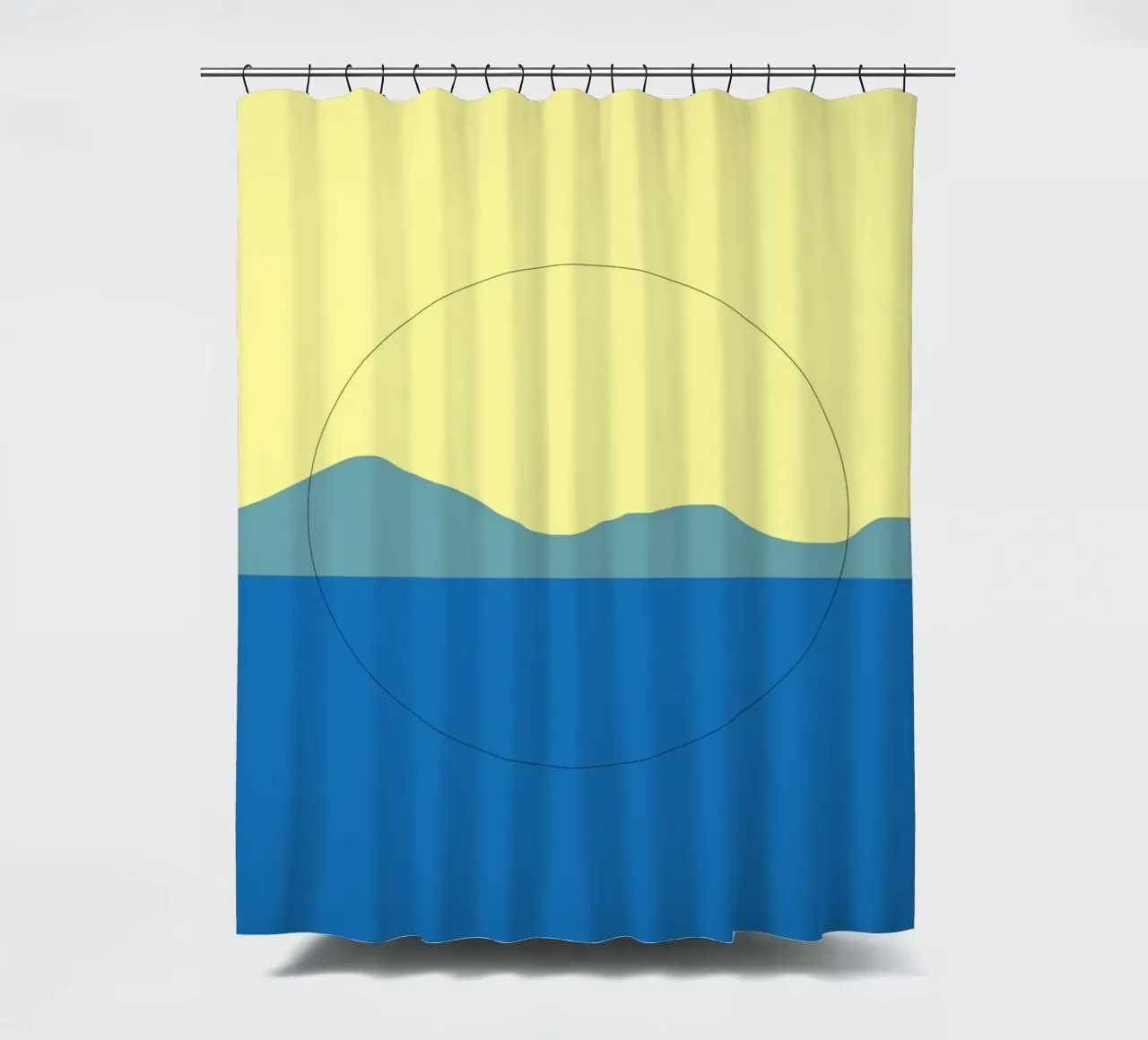 Minimaal blauw en geel landschap douchegordijn van Little Dean