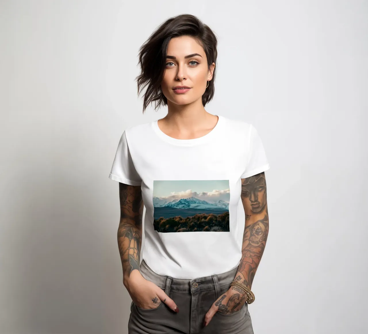 mountain snow women's fitted t-shirt by Earthly Visions