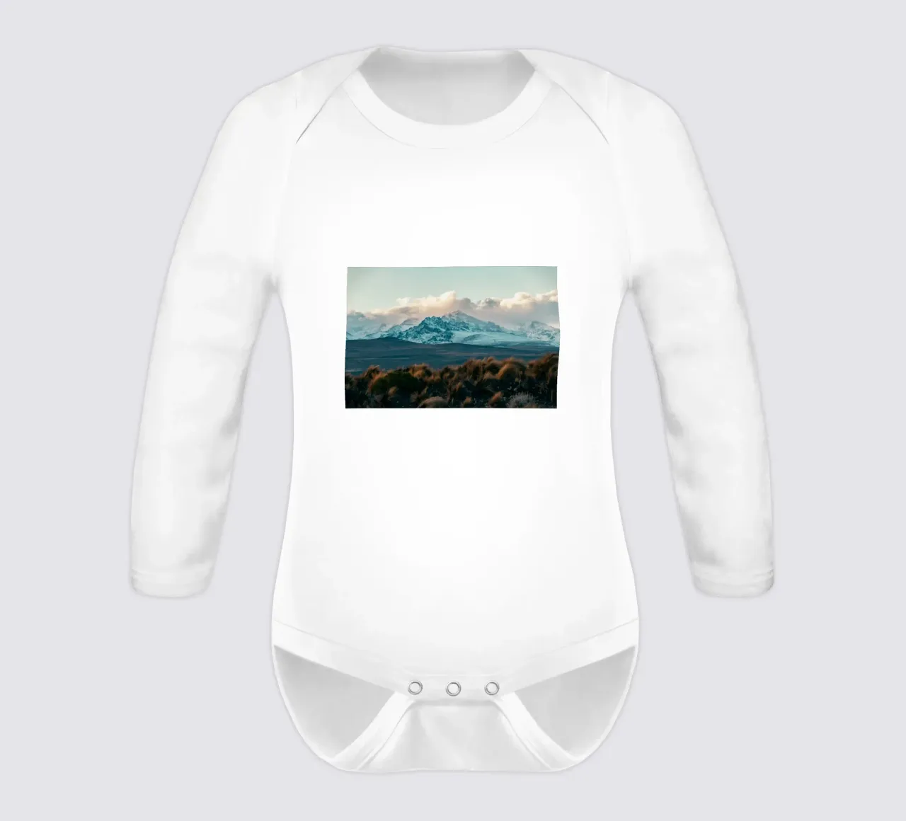 mountain snow long-sleeve baby romper by Earthly Visions
