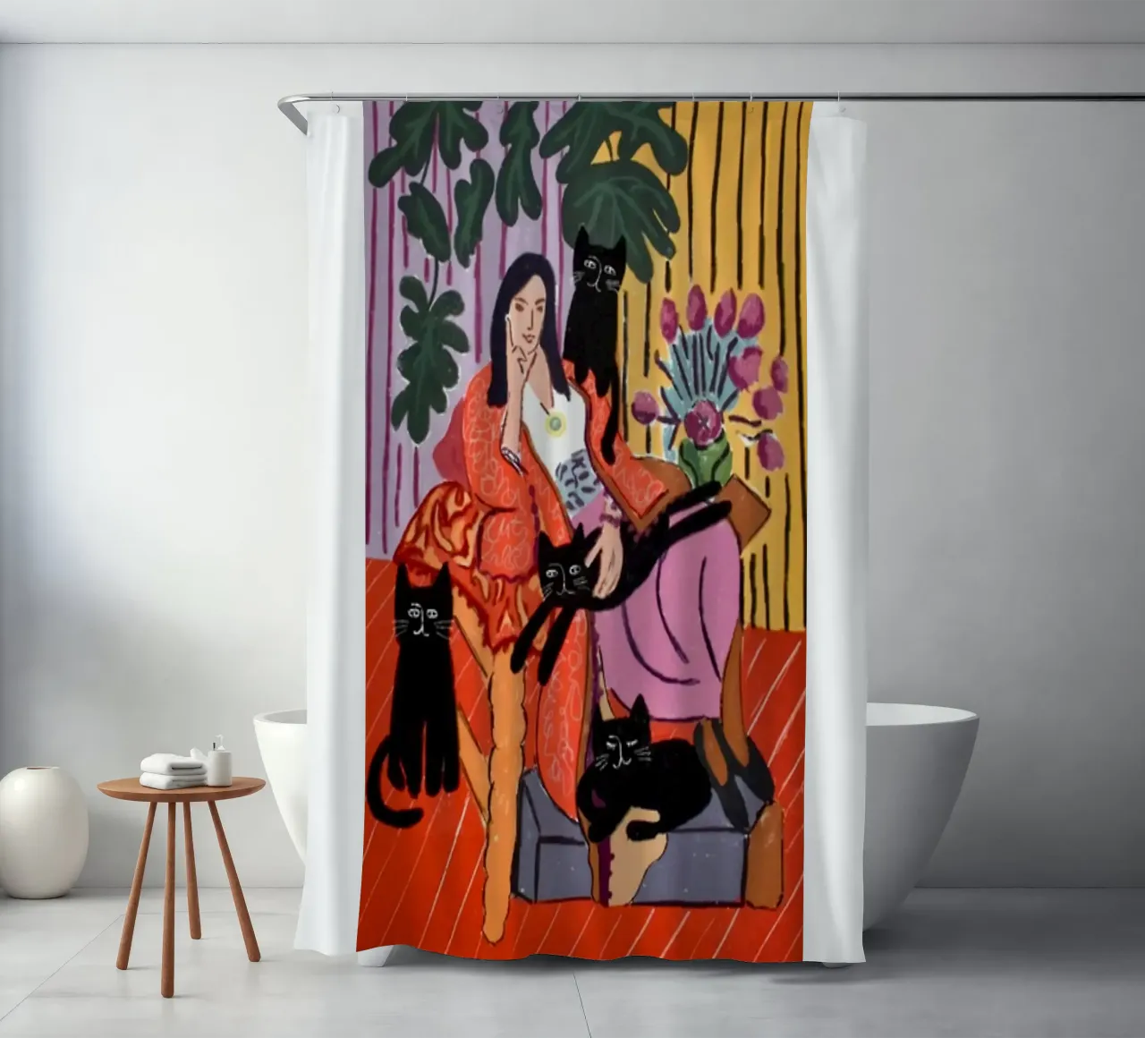 una mujer sentada con varios gatos negros cortina de baño de sazkia art