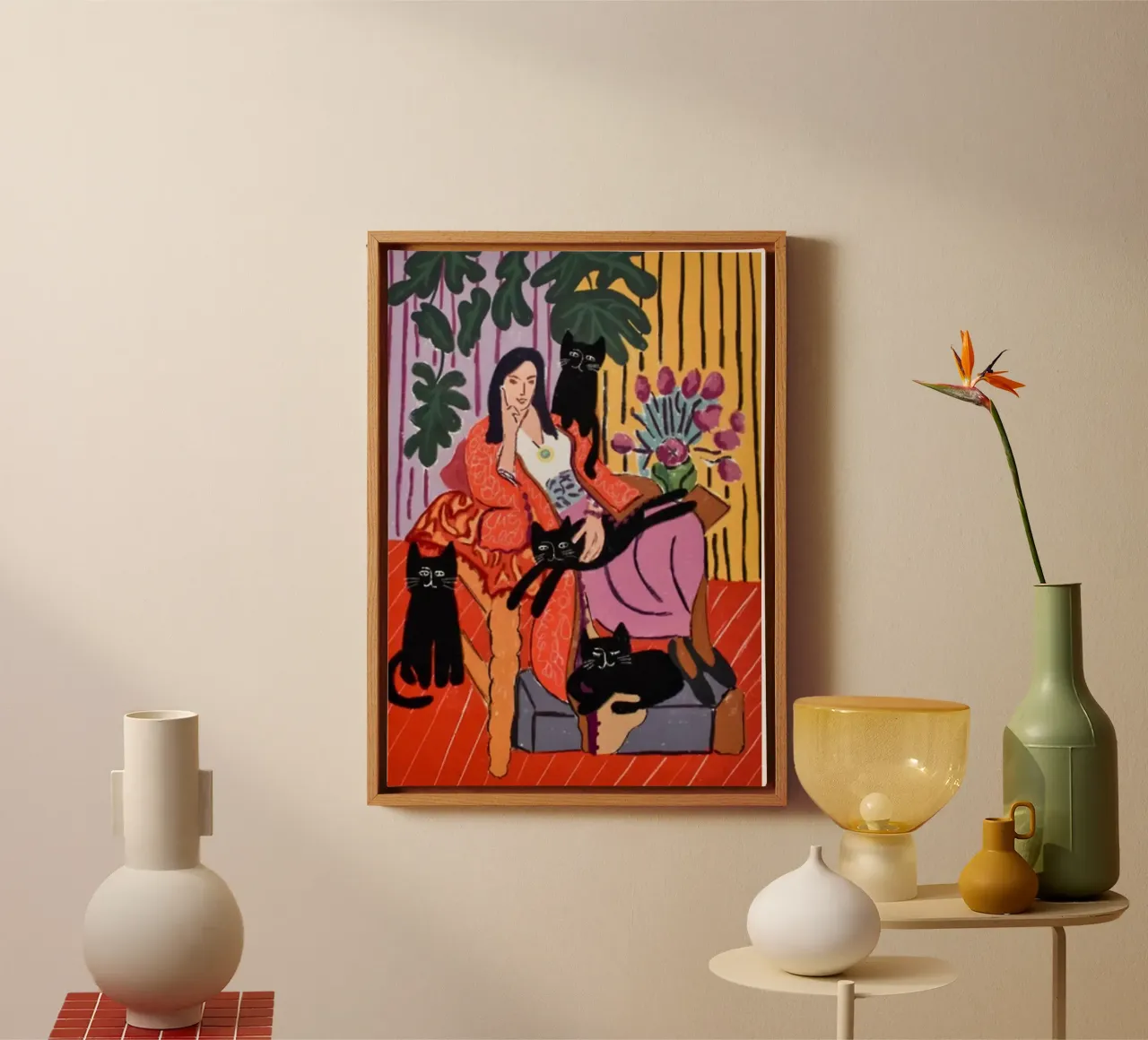 een vrouw zit met verschillende zwarte katten canvas met Baklijst van sazkia art