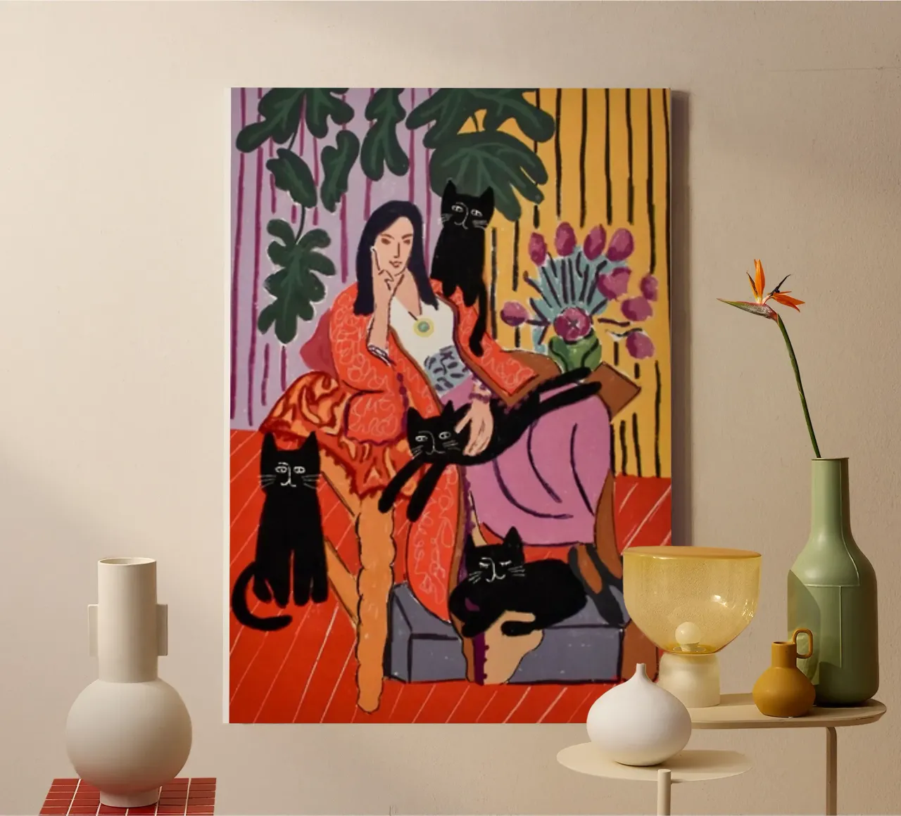 een vrouw zit met verschillende zwarte katten canvas met Baklijst van sazkia art