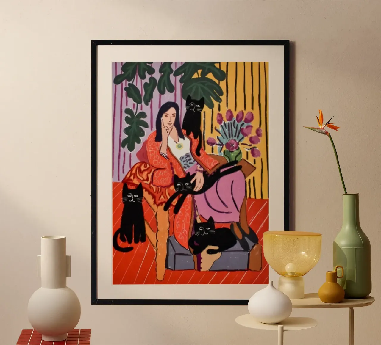 une femme assise avec plusieurs chats noirs poster de sazkia art