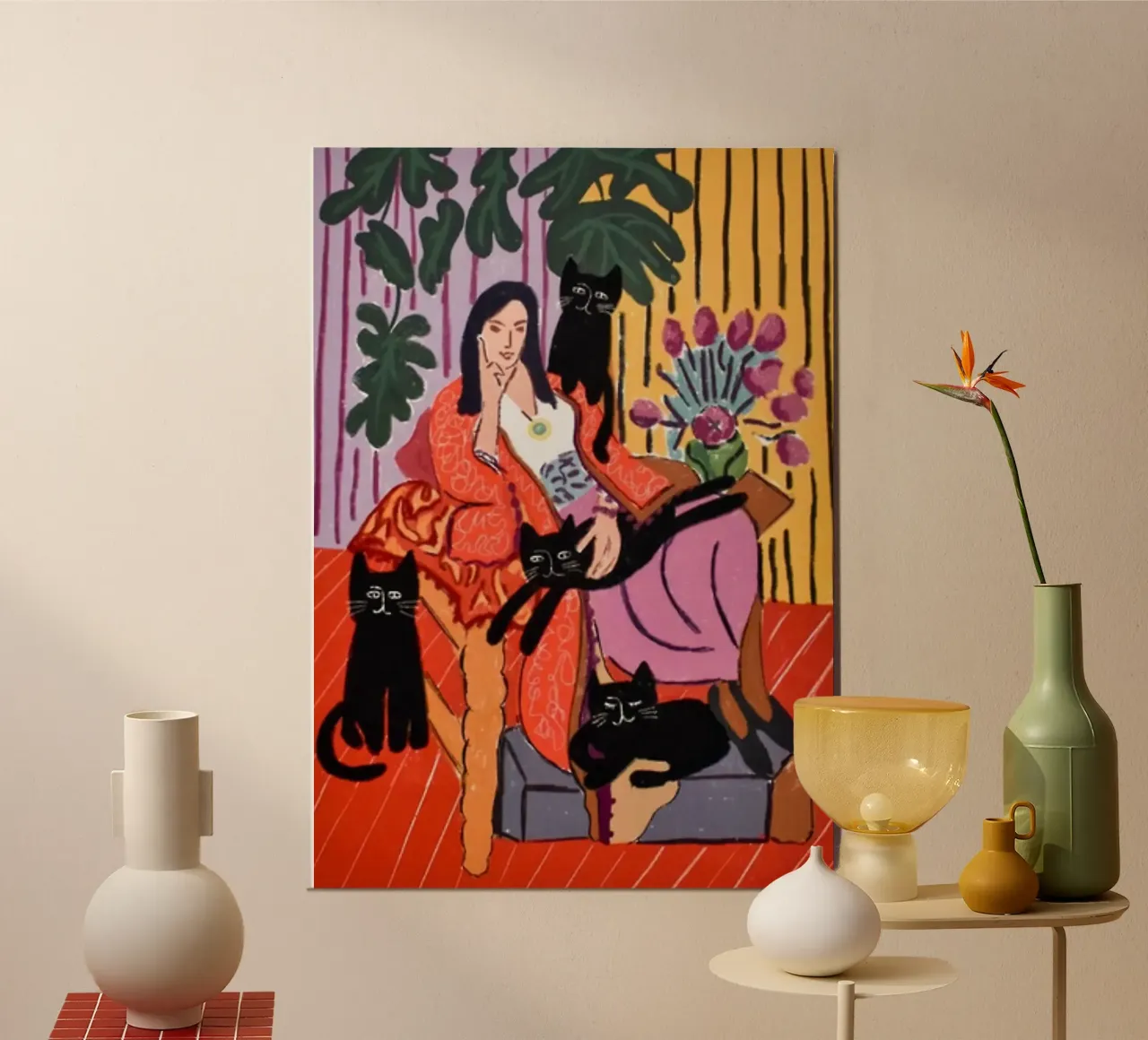 une femme assise avec plusieurs chats noirs poster de sazkia art
