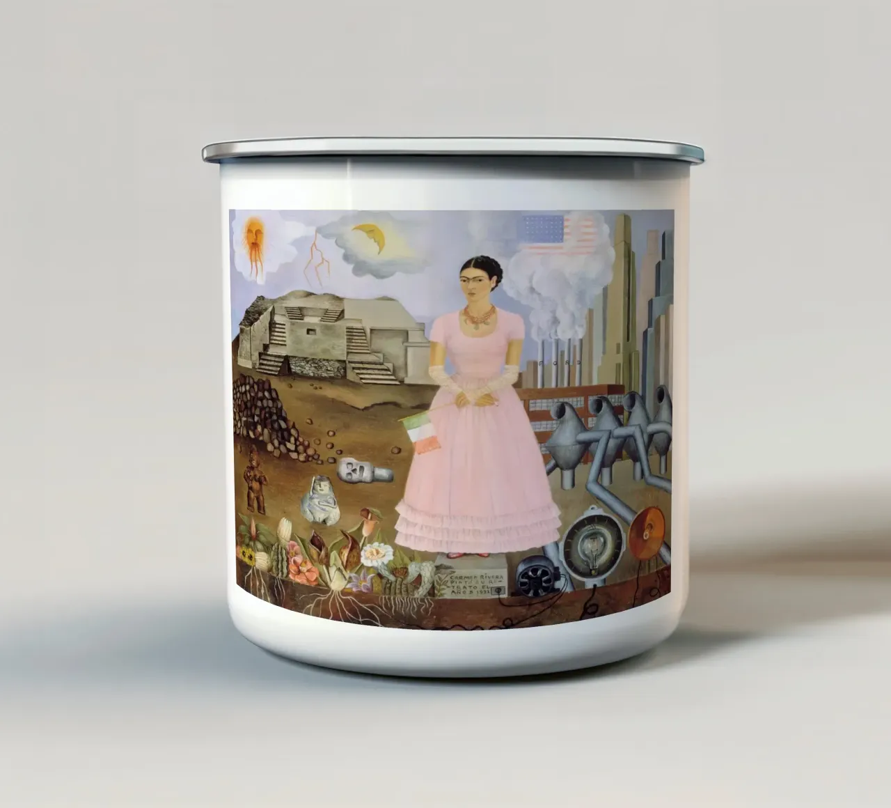 L'autoritratto di Frida Kahlo al confine con il Messico tazza in smalto da Venus Art