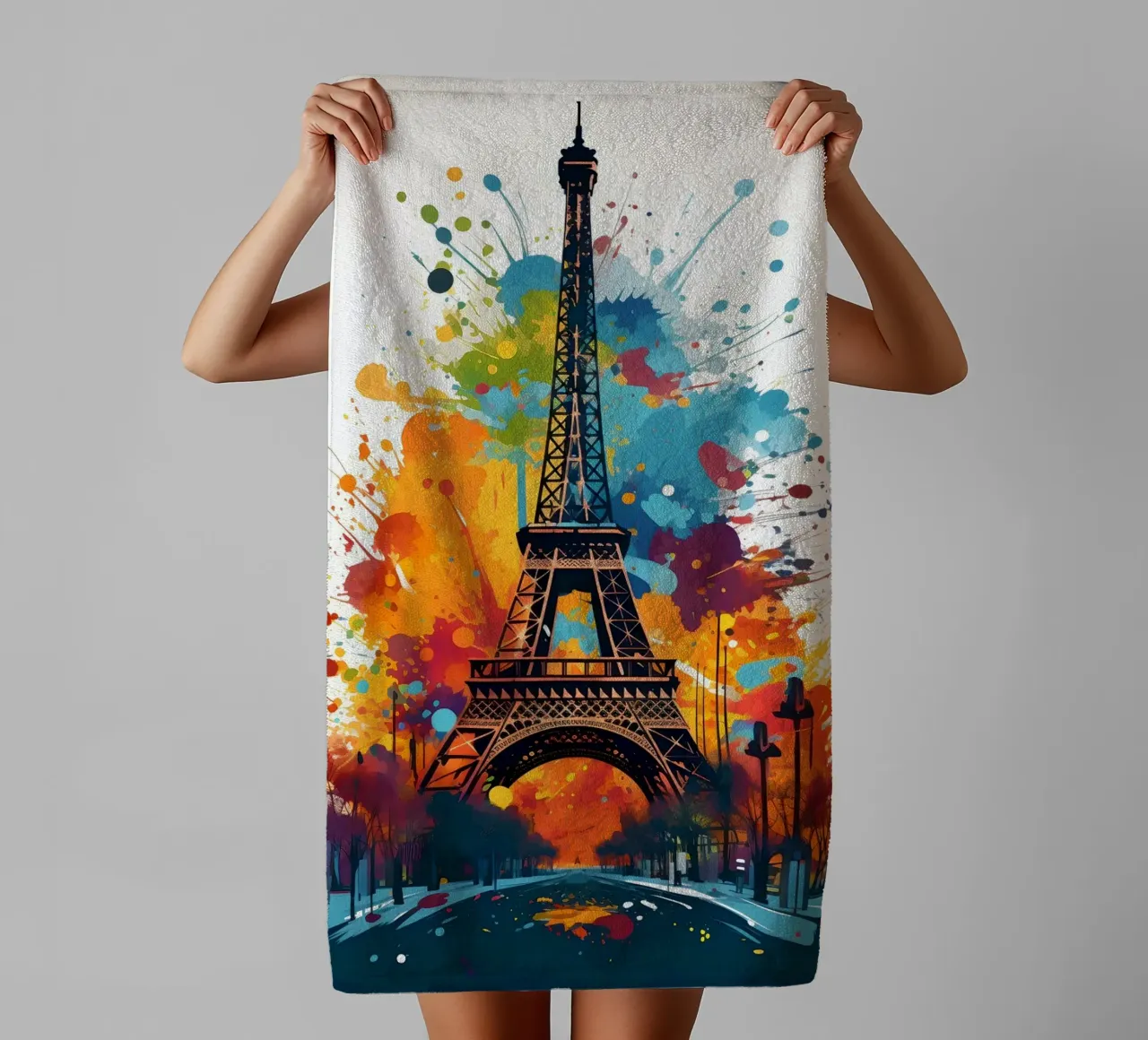 Eiffel Tower splashes of colour art towel by Vintage Travel Art